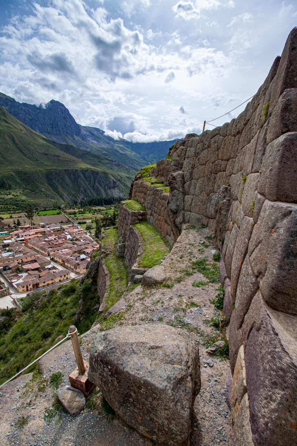 Looking down from the ruins to Ollantaytanbo
